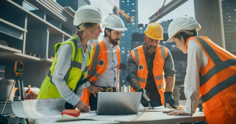 construction company bosses discuss in a construction site.