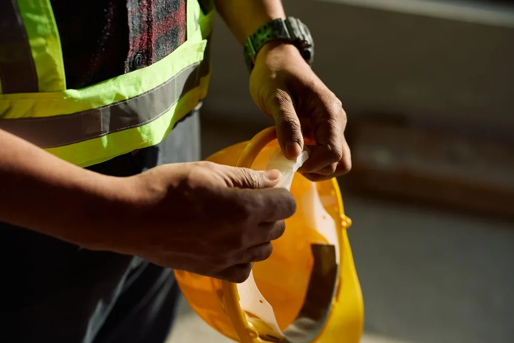 closeup to a hardhat, construction safety concept