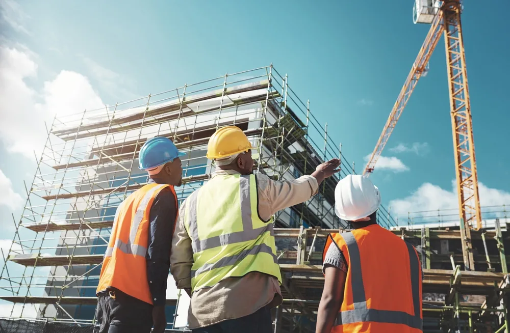 construction workers analyze a construction site safety