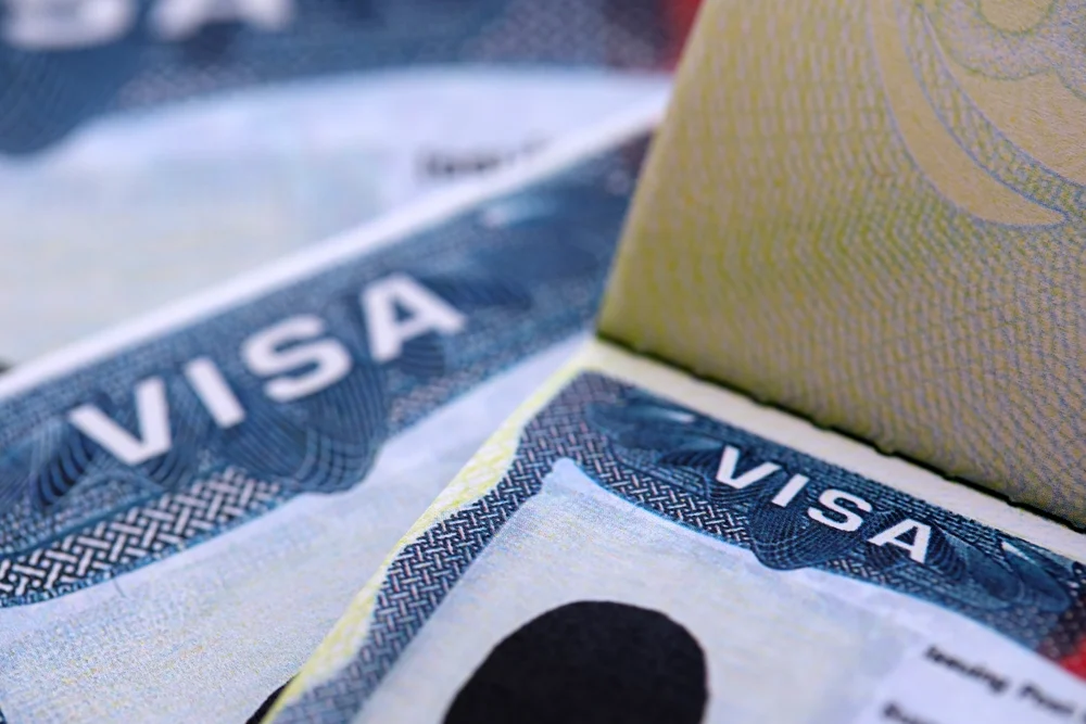Closeup of a passport with a US visa.