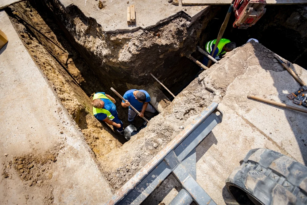 Construction workers work inside a trench.