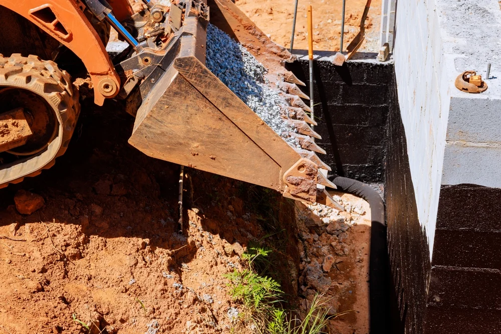 Excavator pours gravel inside a trench.