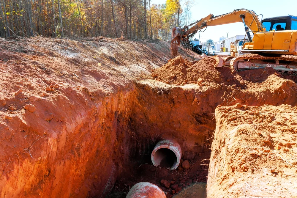 Trench work performed with an excavator in the background.