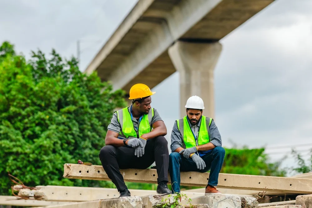 Two construction workers talk on a construction site.