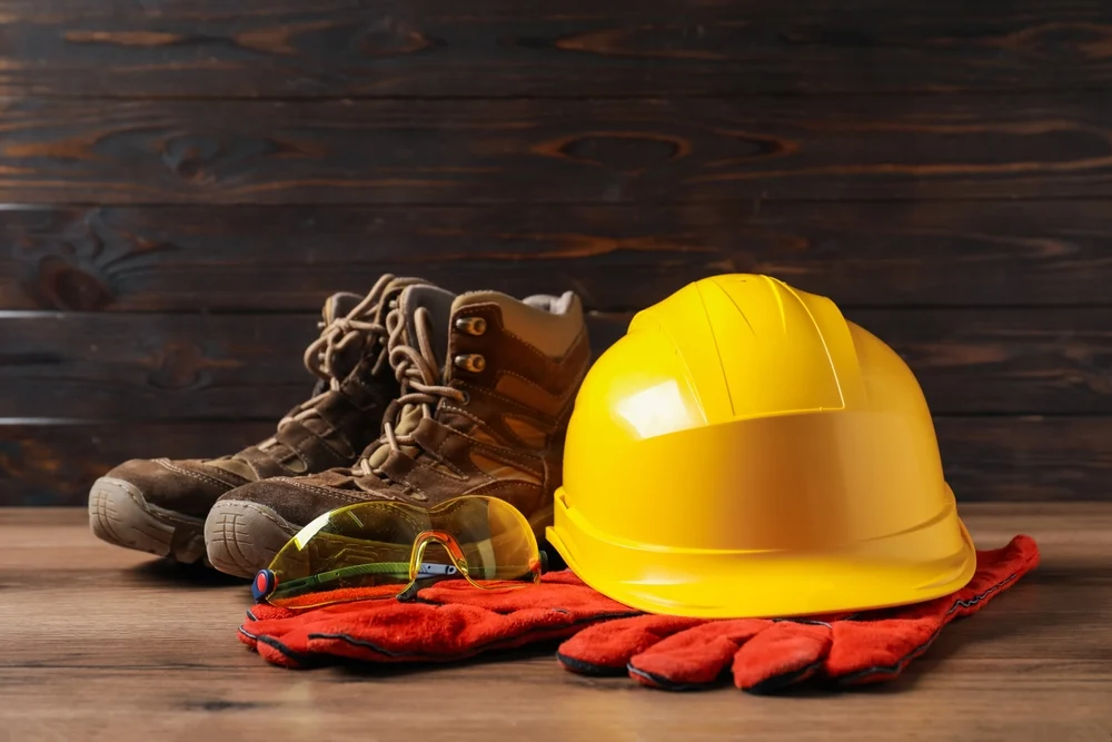 Equipo de construcción en el piso, incluyendo casco, guantes y botas.