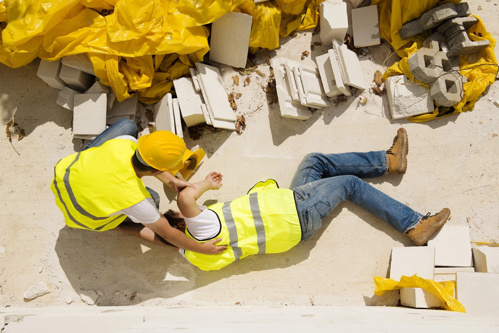 Trabajador de la construcción en el suelo después de un accidente causado por la caída de un objeto.