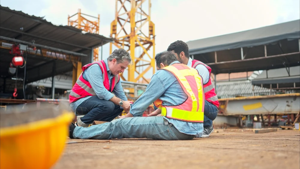 Construction worker on the floor in a construction site after an accident surrounded by coworkers.