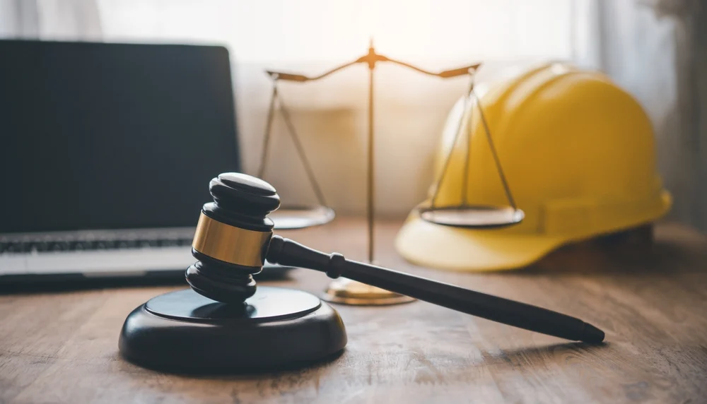 Construction lawyer concept, protective gear and judge gavel